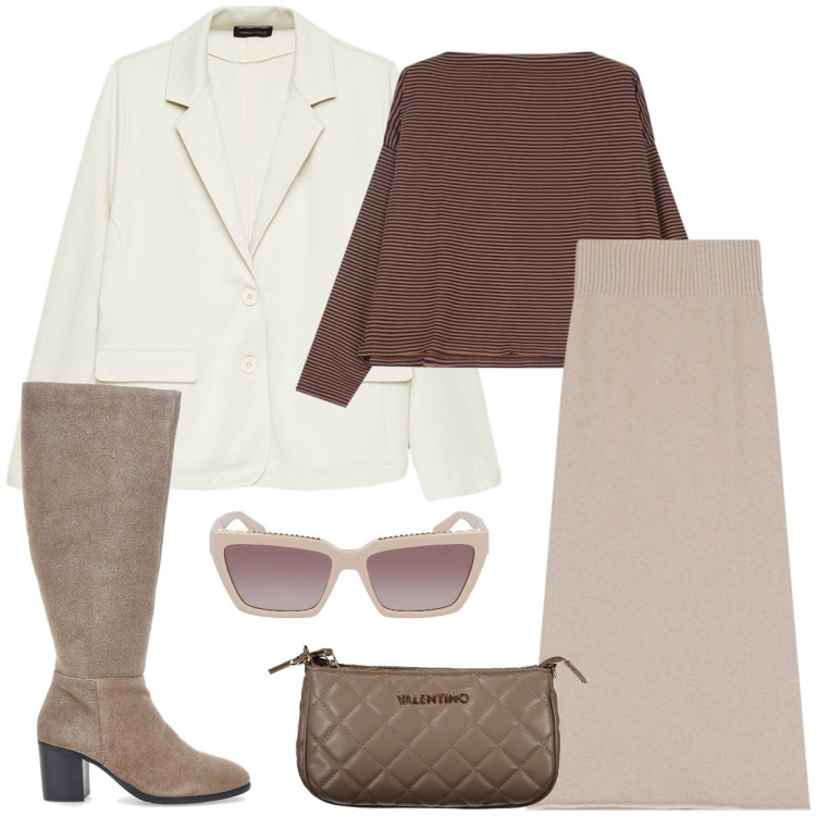 Outfit donna - Total look #2002861. Stile Casual chic per Tutti i giorni. Abbinamento con gonne longuette, maglieria, stivali, occhiali da sole, borse a spalla, blazer.