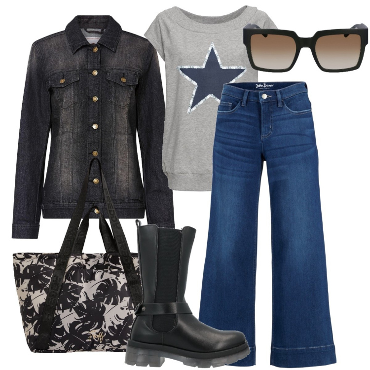 Outfit donna - La giacca in jeans. Stile Basic per Tutti i giorni. Abbinamento con jeans a zampa, t-shirt, blazer, stivaletti, shopping bag, occhiali da sole.