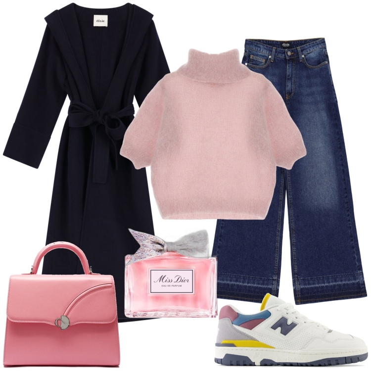 Outfit donna - Cappotto blu. Stile Sporty chic per Tutti i giorni. Abbinamento con profumi, sneakers, maglieria, jeans, cappotti, borse a mano.
