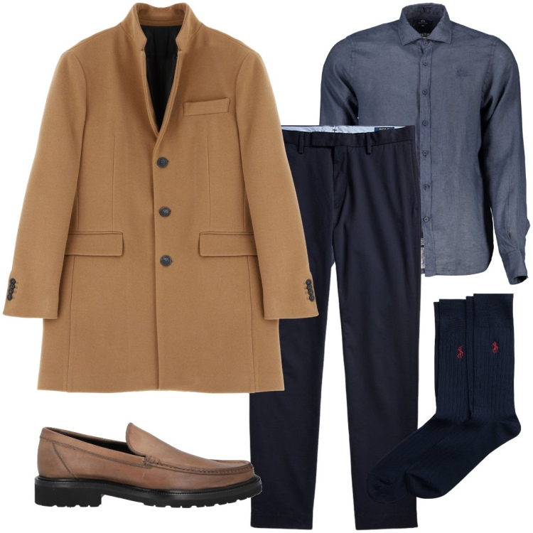 Outfit uomo - Il cappotto cammello. Stile Business/Elegante per Serata speciale. Abbinamento con scarpe stringate, cappotti, calzini, pantaloni chino, camicie.