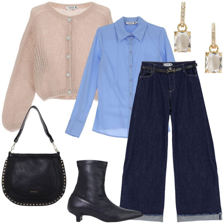 Outfit donna - AI Please. Stile Casual chic per Tutti i giorni. Abbinamento con camicie, cardigans, jeans, borse a spalla, stivaletti, orecchini.