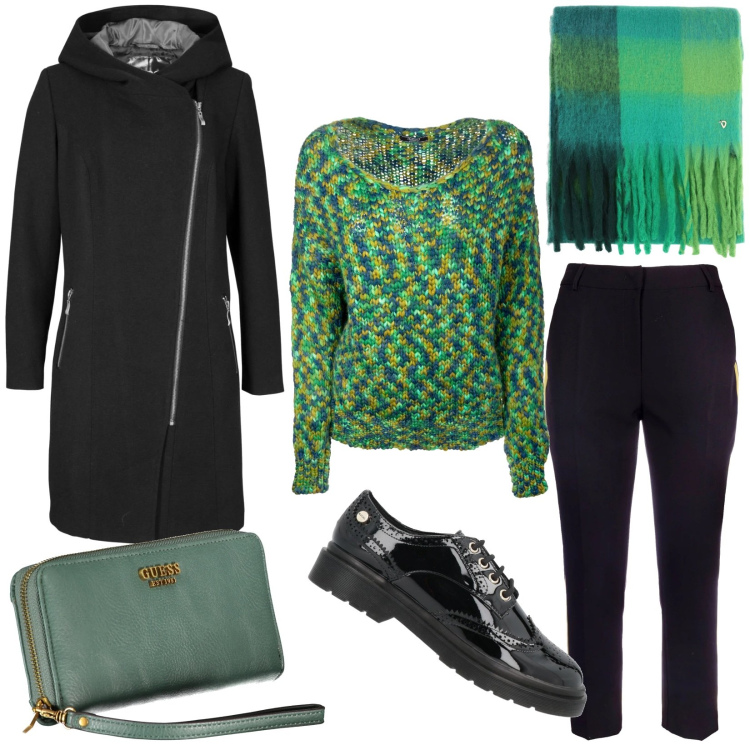 Outfit donna - Sfumature di verde. Stile Casual chic per Tutti i giorni. Abbinamento con blazer, scarpe stringate, pantaloni, maglieria, stole, portafogli.