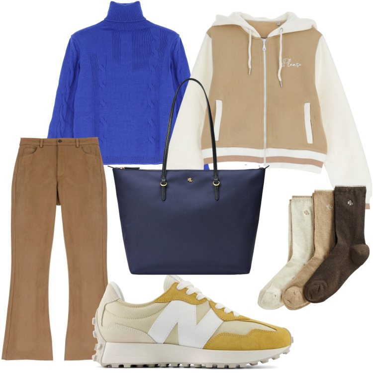 Outfit donna - New winter campaign. Stile Glamour per Tutti i giorni. Abbinamento con sneakers, maglieria, felpe con cappuccio, pantaloni, borse tote, calzini.