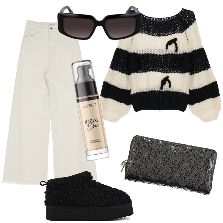 Outfit donna - Che ne dici?. Stile Trendy per Tutti i giorni. Abbinamento con fondotinta, maglieria, jeans, stivaletti, occhiali da sole, portafogli.