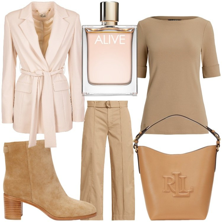 Outfit donna - Alive. Stile Casual chic per Serata fuori. Abbinamento con profumi, blazer, pantaloni, t-shirt, stivaletti, borse a secchiello.