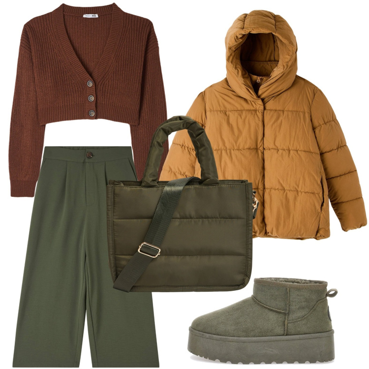 Outfit donna - Pantaloni palazzo fluidi. Stile Glamour per Tutti i giorni. Abbinamento con pantaloni a palazzo, piumini, cardigans, shopping bag, stivaletti.