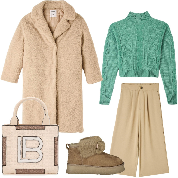 Outfit donna - Look elegante. Stile Bon Ton per Tutti i giorni. Abbinamento con pantaloni a palazzo, cappotti, maglieria, stivali, borse a spalla.