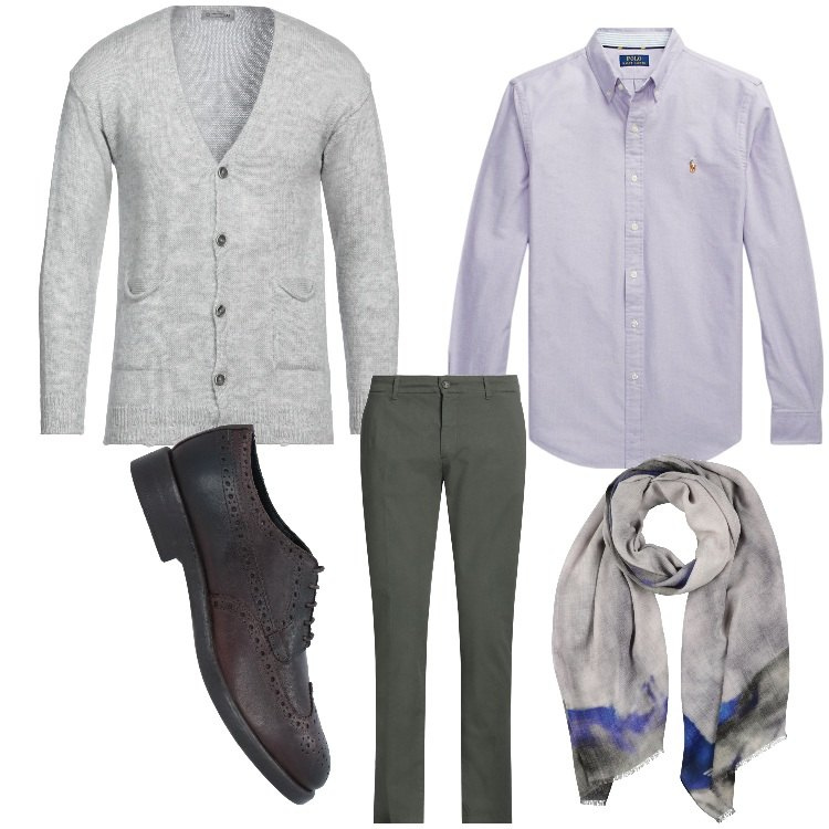 Outfit uomo - Grigio chic. Stile Business/Elegante per Ufficio. Abbinamento con scarpe stringate, cardigans, pantaloni, sciarpe, camicie.