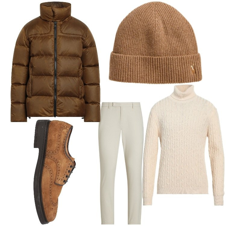 Outfit uomo - Toni neutri. Stile Casual per Tutti i giorni. Abbinamento con maglieria, scarpe stringate, piumini, berretti, pantaloni.