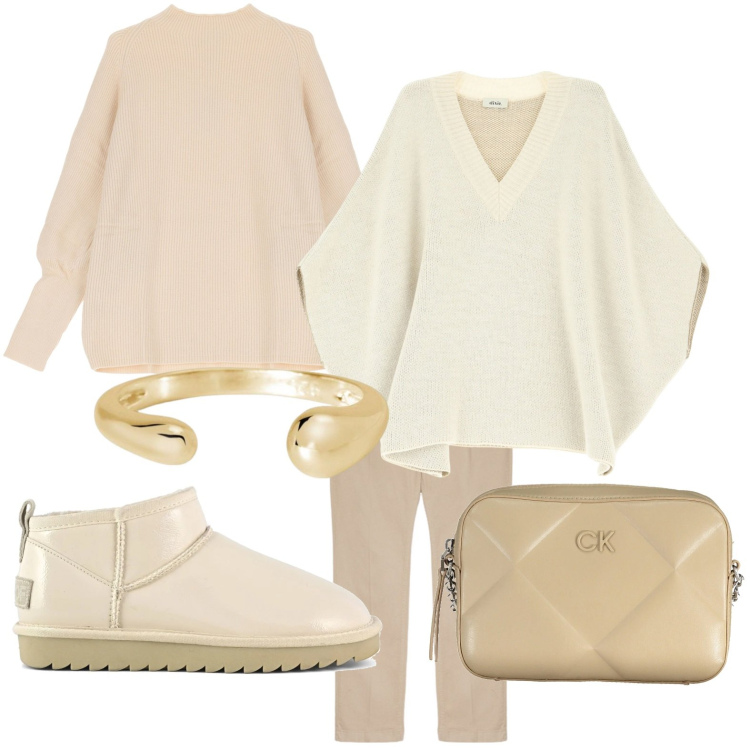 Outfit donna - Toni neutri. Stile Bon Ton per Tutti i giorni. Abbinamento con anelli, cappotti, maglieria, stivali, pantaloni, borse a tracolla.