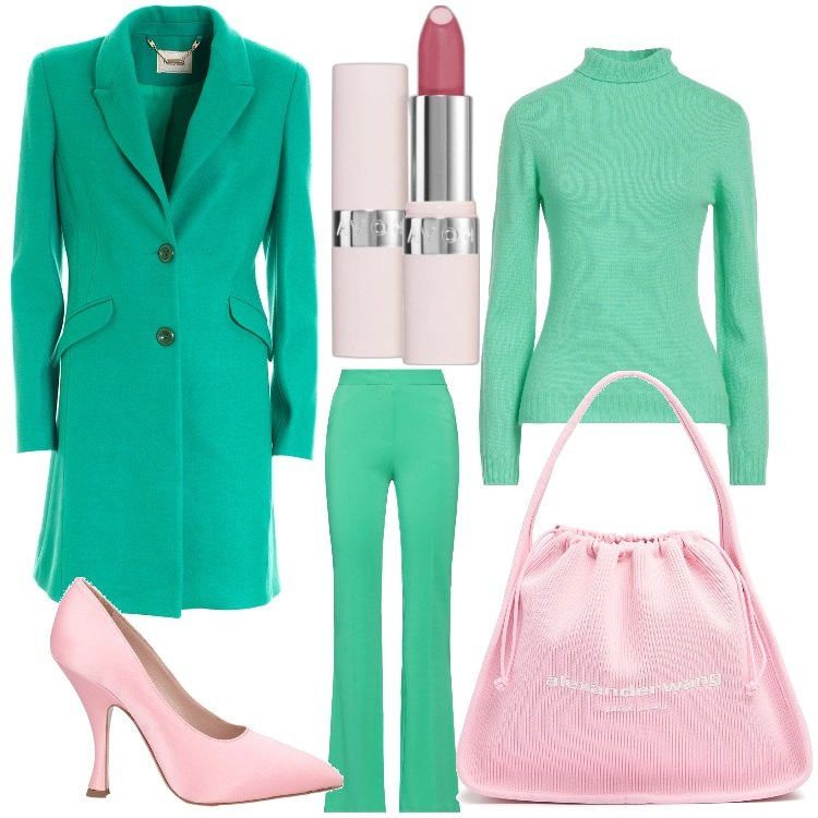 Outfit donna - Pensieri in verde. Stile Chic per Serata fuori. Abbinamento con pantaloni, décolleté, maglieria, rossetti, cappotti, borse a spalla.
