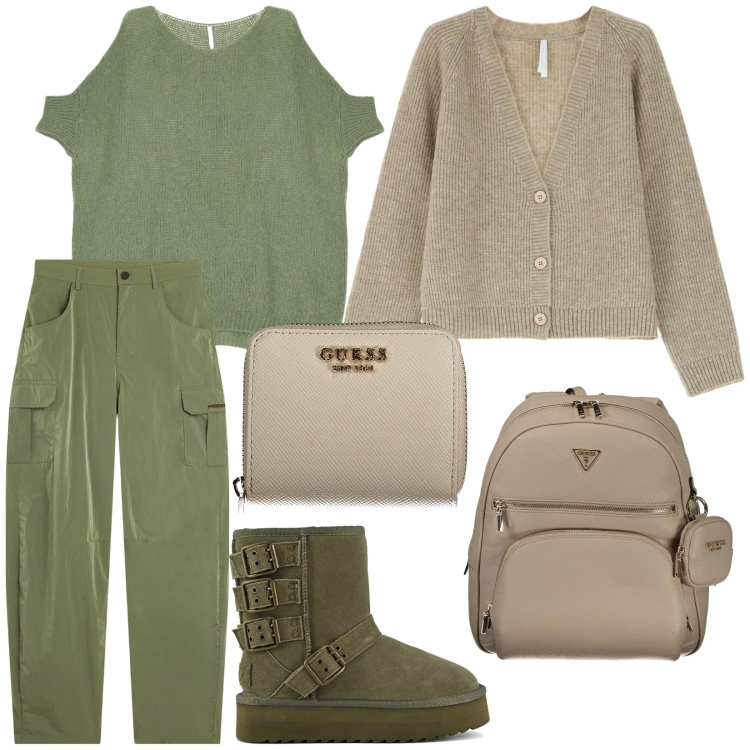 Outfit donna - Tendenze d\'autunno. Stile Trendy per Tutti i giorni. Abbinamento con pantaloni cargo, pullovers, cardigans, portafogli, zaini, stivaletti.