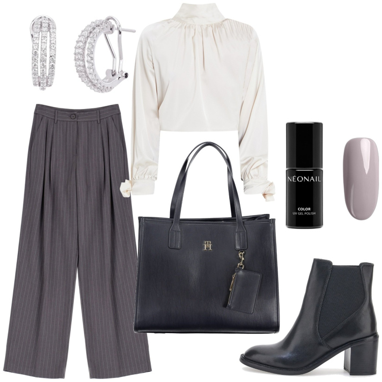 Outfit donna - Total look #2002968. Stile Chic per Ufficio. Abbinamento con smalti, orecchini, bluse, pantaloni a palazzo, stivaletti, borse a spalla.