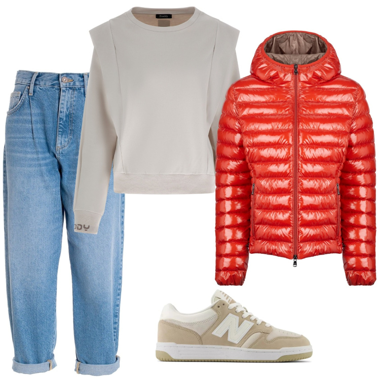 Outfit donna - Come i paninari. Stile Urban per Scuola/Università. Abbinamento con sneakers, jeans, maglieria, blazer.