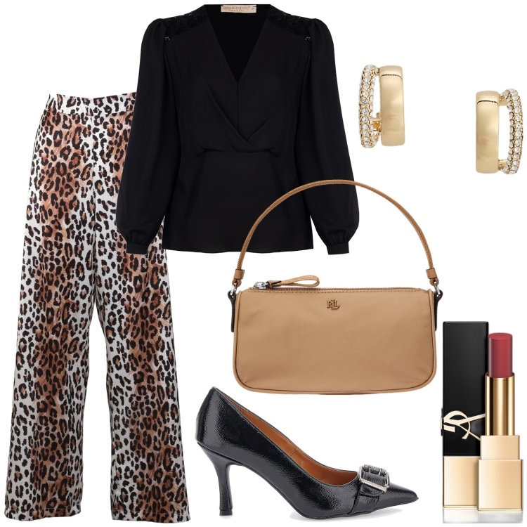 Outfit donna - Pantaloni animalier. Stile Sexy per Serata fuori. Abbinamento con rossetti, bluse, pantaloni a palazzo, orecchini, pochette, décolleté.