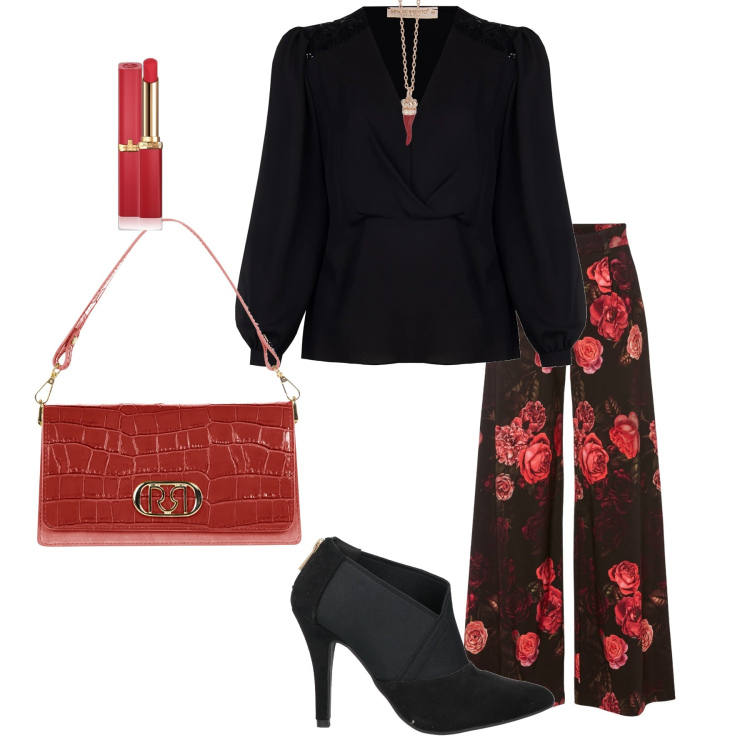 Outfit donna - Serata con le amiche. Stile Chic per Serata fuori. Abbinamento con pantaloni, stivaletti, rossetti, collane, bluse, borse a tracolla.