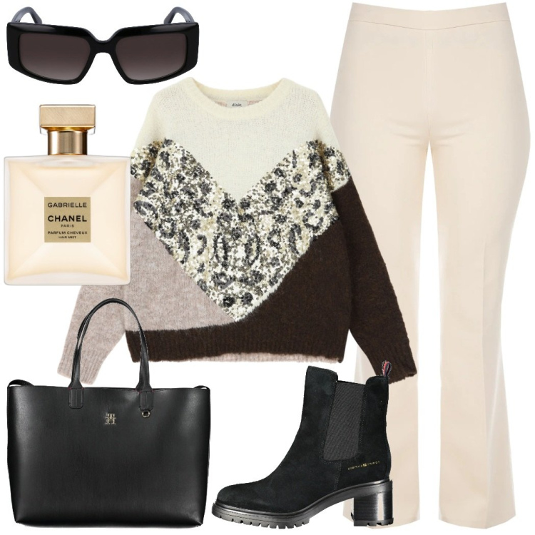 Outfit donna - A palazzo panna. Stile Glamour per Tutti i giorni. Abbinamento con profumi, pantaloni a palazzo, maglieria, stivaletti, occhiali da sole, borse a spalla.