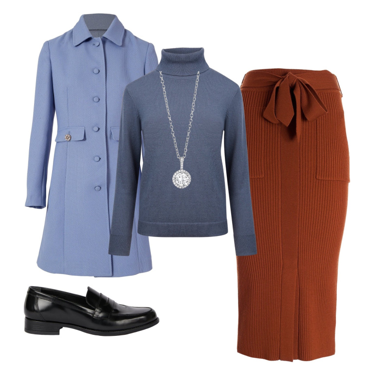 Outfit donna - Stile anni ‘90. Stile Vintage retrò per Tutti i giorni. Abbinamento con collane, trench, gonne longuette, maglieria, mocassini.