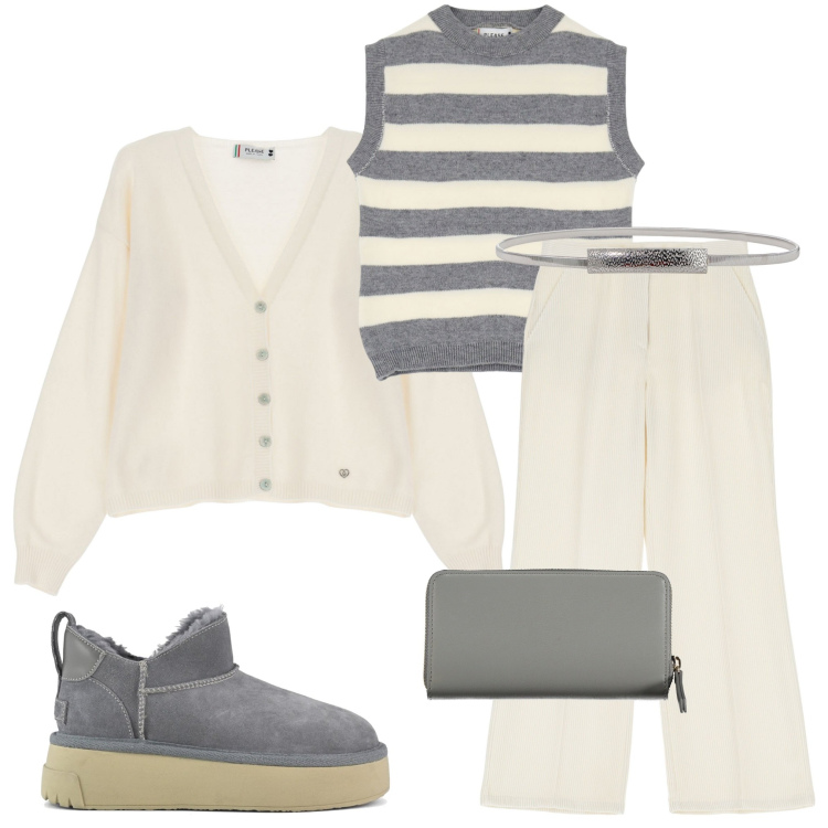 Outfit donna - Colori neutri. Stile Casual chic per Ufficio. Abbinamento con pantaloni, cardigans, maglieria, cinture, stivali, portafogli.