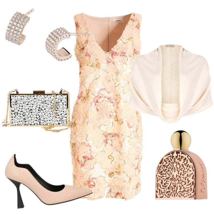 Outfit donna - Total look #2003002. Stile Chic per Serata fuori. Abbinamento con décolleté, profumi, orecchini, maglieria, pochette, vestiti a tubino.