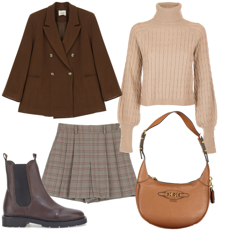Outfit donna - Total look #2003008. Stile Preppy per Tutti i giorni. Abbinamento con maglieria, gonne, blazer, stivaletti chelsea, borse a spalla.
