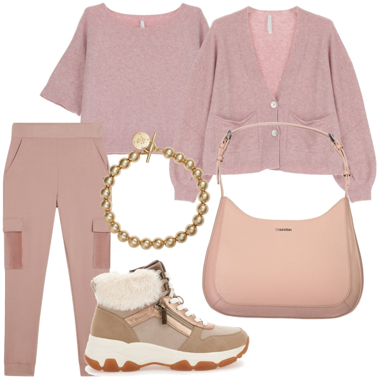 Outfit donna - Toni neutri. Stile Glamour per Tutti i giorni. Abbinamento con pantaloni cargo, cardigans, maglieria, braccialetti, stivali da neve, borse a spalla.