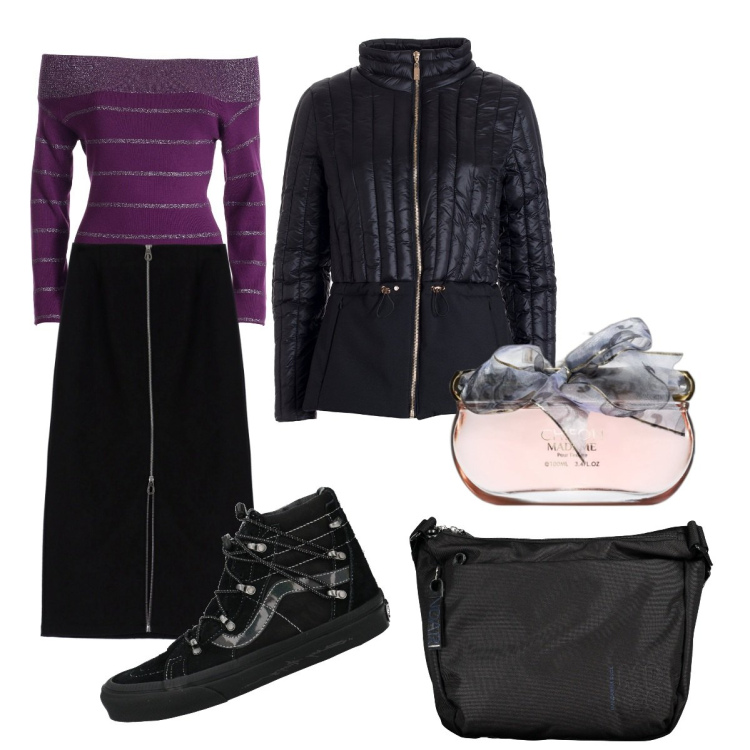 Outfit donna - Total look #2003018. Stile Casual chic per Tutti i giorni. Abbinamento con sneakers alte, profumi, gonne, piumini, maglieria, borse a tracolla.
