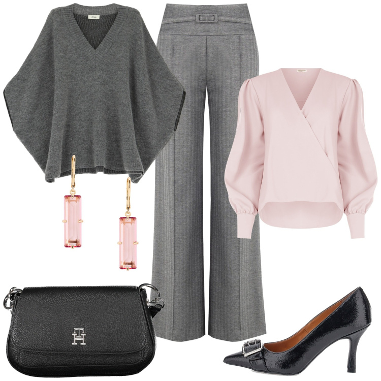Outfit donna - Pantaloni a palazzo. Stile Casual chic per Ufficio. Abbinamento con bluse, pantaloni a palazzo, cappotti, orecchini, décolleté, borse a tracolla.