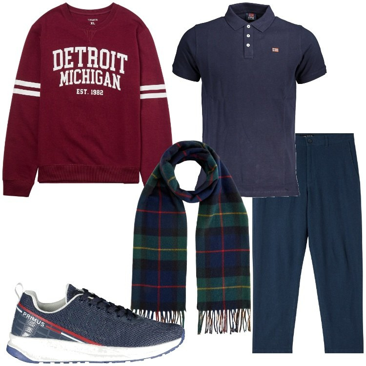 Outfit uomo - College style. Stile Trendy per Tutti i giorni. Abbinamento con pantaloni, felpe, sneakers, sciarpe, polo.