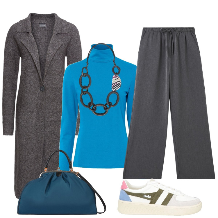 Outfit donna - Dolcevita turchese. Stile Trendy per Tutti i giorni. Abbinamento con maglieria, cappotti, sneakers, pantaloni, collane, borse a spalla.