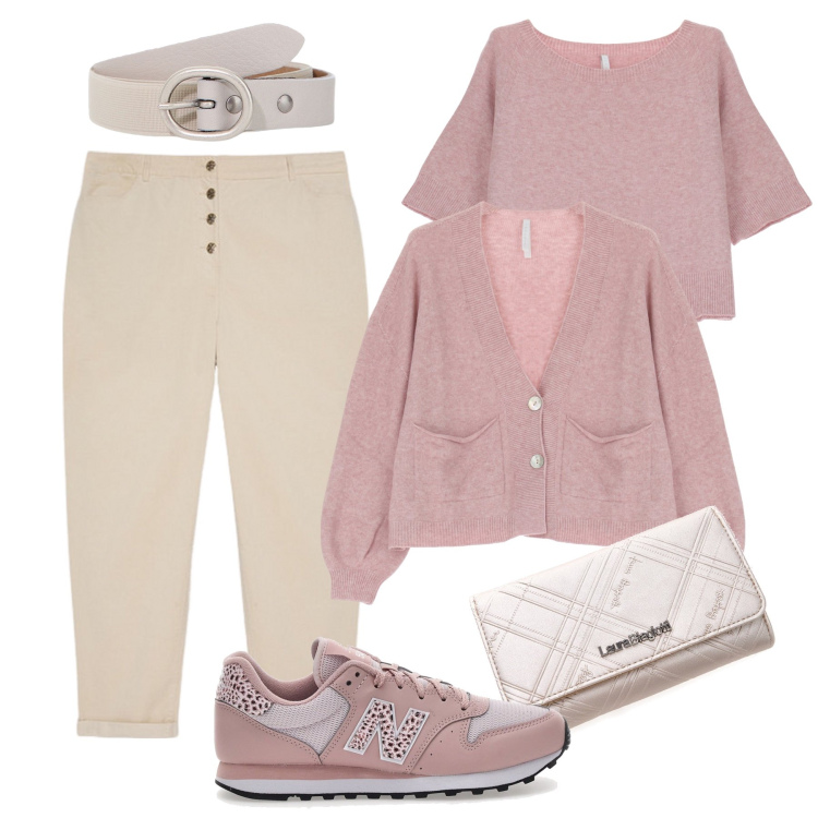 Outfit donna - I gemelli rosa antico mélange. Stile Casual per Tutti i giorni. Abbinamento con maglieria, cardigans, cinture, sneakers, portafogli, pantaloni.