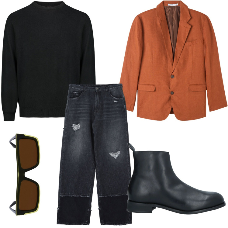 Outfit uomo - I jeans ampi e comodi. Stile Trendy per Tutti i giorni. Abbinamento con stivali e stivaletti, giacche, jeans, maglieria, occhiali da sole.