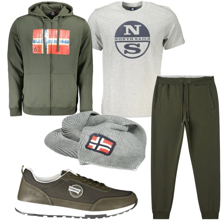 Outfit uomo - Look sportivo per la città. Stile Trendy per Sport. Abbinamento con pantaloni, felpe con cappuccio, sneakers, t-shirt, sciarpe.