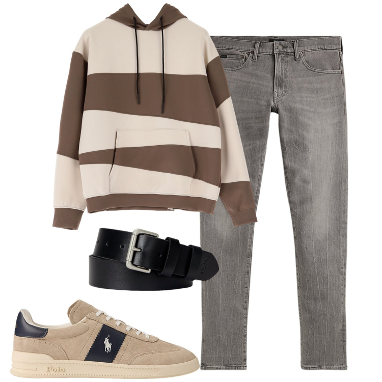 Outfit uomo - City. Stile Casual per Tutti i giorni. Abbinamento con felpe con cappuccio, cinture, sneakers, jeans.