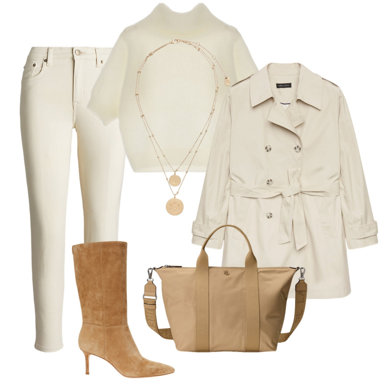 Outfit donna - Giornata panna e cammello. Stile Sporty chic per Tutti i giorni. Abbinamento con maglieria, ciondoli, borse tote, jeans skinny, stivali, trench.