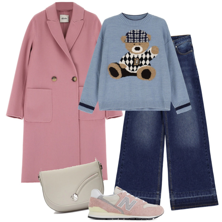 Outfit donna - Rosa pastello. Stile Romantica per Tutti i giorni. Abbinamento con sneakers, jeans, cappotti, maglieria, borse a tracolla.