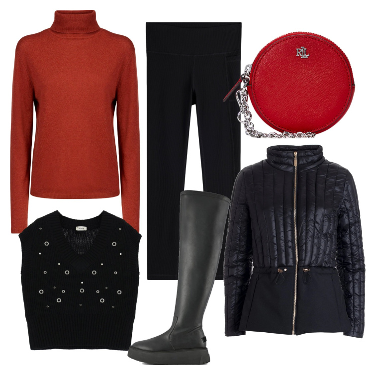Outfit donna - Strati per tutti i giorni. Stile Casual per Tutti i giorni. Abbinamento con piumini, leggings, gilet, pochette, stivali sopra il ginocchio, maglieria.
