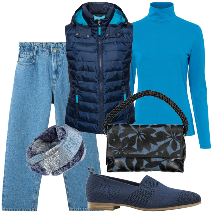 Outfit donna - Total look #2003101. Stile Casual per Tutti i giorni. Abbinamento con maglieria, foulard, gilet, mocassini, jeans, borse a spalla.