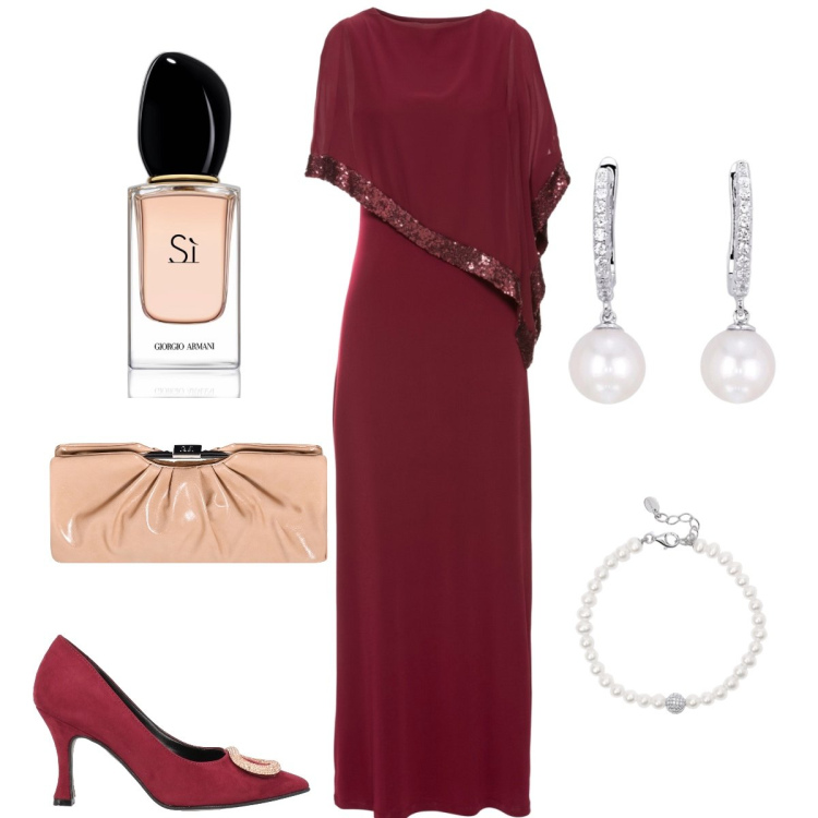 Outfit donna - Cerimonia. Stile Glamour per Cerimonia. Abbinamento con vestiti, décolleté, profumi, braccialetti, orecchini, pochette.