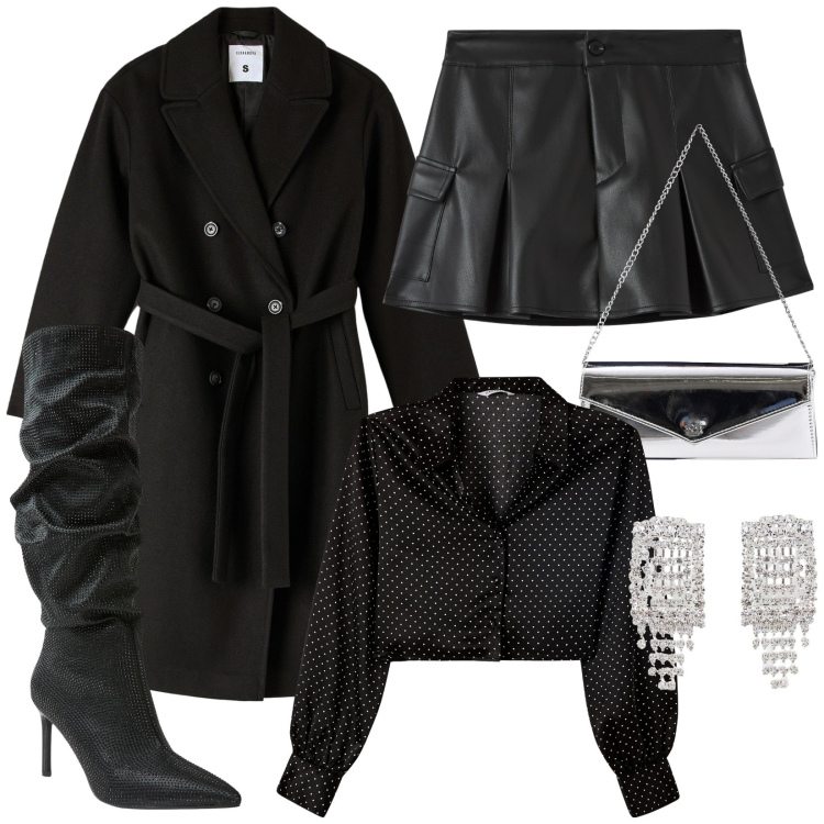 Outfit donna - Stivali alti neri con strass. Stile Sexy per Serata fuori. Abbinamento con camicie, stivali, cappotti, minigonne, pochette, orecchini.