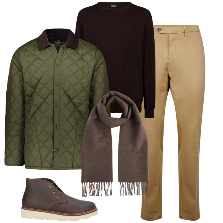 Outfit uomo - City. Stile Urban per Tutti i giorni. Abbinamento con stivali e stivaletti, maglieria, cappotti, pantaloni chino, sciarpe.