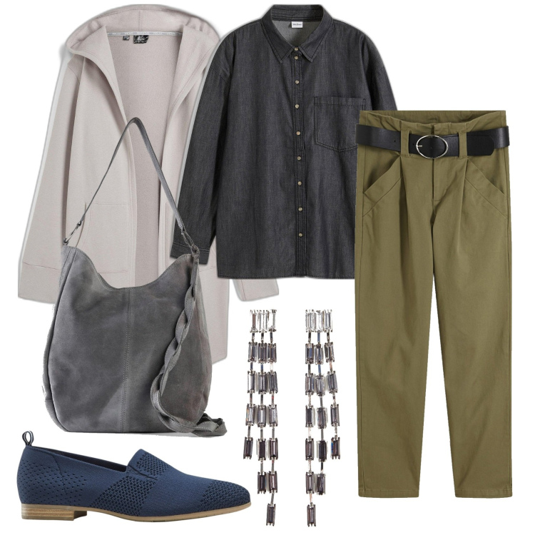 Outfit donna - Lo stile di Bonprix. Stile Casual per Tutti i giorni. Abbinamento con blazer, camicie, borse a mano, pantaloni, mocassini, orecchini.