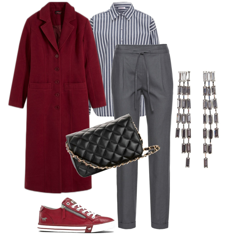 Outfit donna - Grigio e burgundy. Stile Casual chic per Tutti i giorni. Abbinamento con pantaloni, sneakers, borse a tracolla, camicie, cappotti, orecchini.
