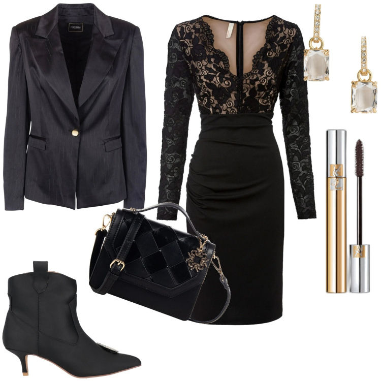 Outfit donna - Abito elegante con profondo scollo a V. Stile Chic per Serata fuori. Abbinamento con vestiti, stivaletti, mascara, borse a tracolla, blazer, orecchini.