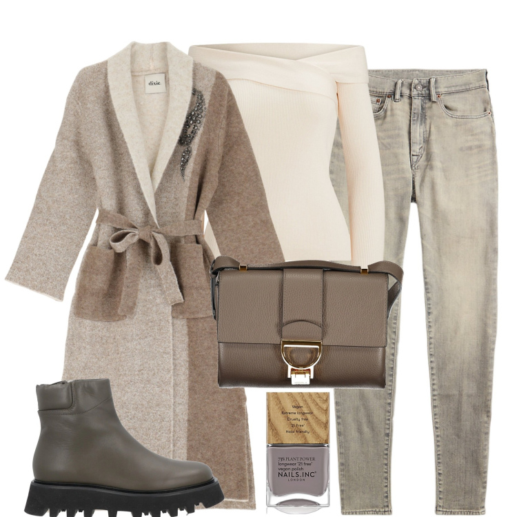 Outfit donna - City. Stile Casual chic per Tutti i giorni. Abbinamento con stivaletti, smalti, cappotti, jeans skinny, maglieria, borse a tracolla.