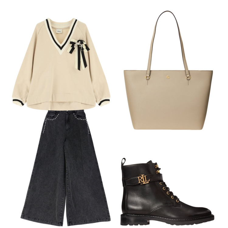 Outfit donna - Aperitivo. Stile Trendy per Tutti i giorni. Abbinamento con jeans, felpe, borse tote, stivaletti.