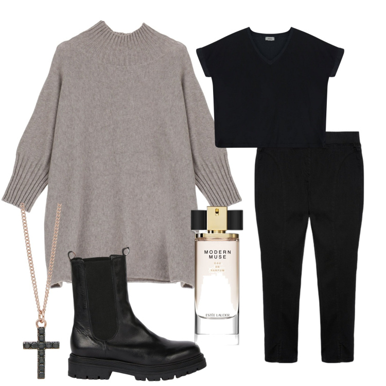 Outfit donna - Zaira. Stile Rock per Tutti i giorni. Abbinamento con profumi, collane, cappe, t-shirt, jeggings, stivaletti chelsea.