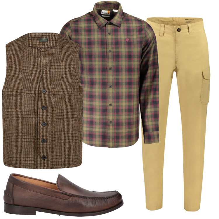 Outfit uomo - Beige e marrone. Stile Casual per Tutti i giorni. Abbinamento con scarpe stringate, gilet, camicie, pantaloni.