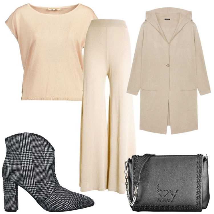 Outfit donna - Total look #2003176. Stile 70s per Tutti i giorni. Abbinamento con stivaletti, pantaloni a palazzo, borse a spalla, cardigans, t-shirt.