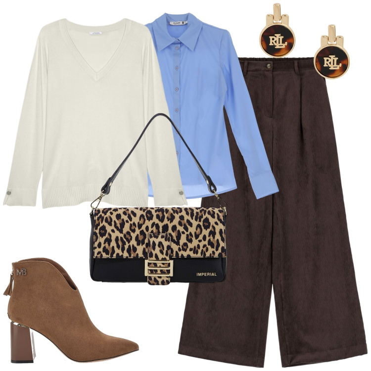 Outfit donna - Total look #2003184. Stile Urban per Tutti i giorni. Abbinamento con camicie, borse a spalla, pantaloni a palazzo, orecchini, stivaletti, maglieria.